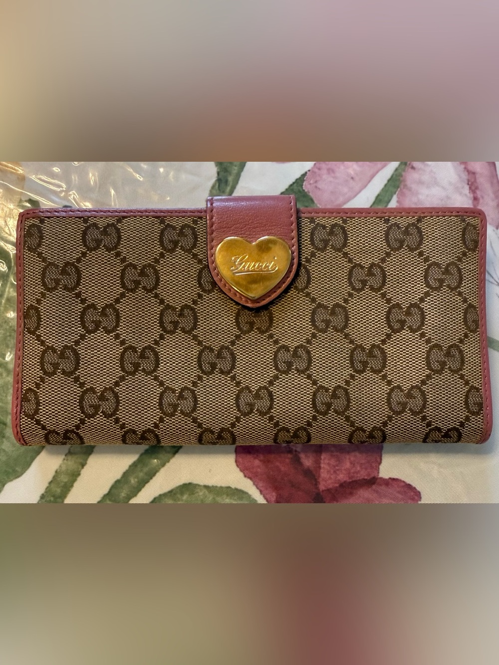 Gucci Brown and Pink Monogram Wallet with Gold-tone Heart Plaque